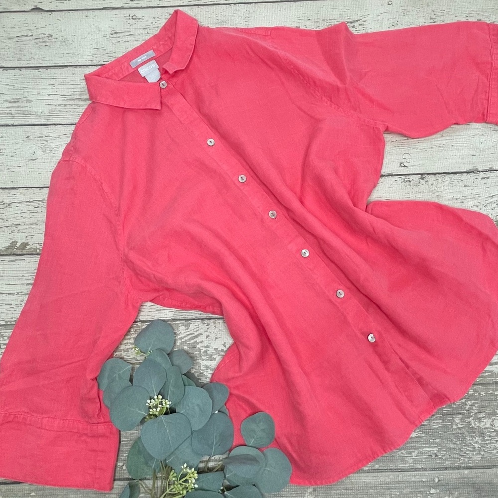 Chico’s Coral 3/4 Sleeve No Iron Linen Button Up Shirt